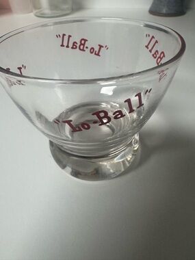 Eva Zeisel Clear Glass 'Lo-Ball' with Red Lettering